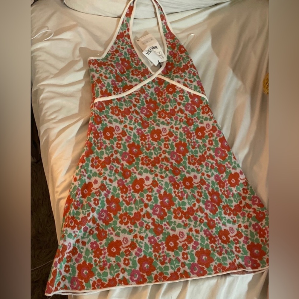 new ZARA floral jacquard halter mini dress retro multicolor A line knit large